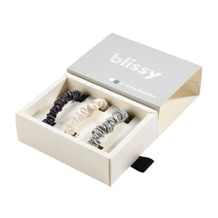 Blissy Skinny Scrunchies in White, Gray, and Silver