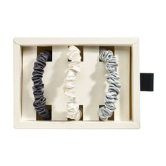 Blissy Skinny Scrunchies in White, Gray, and Silver