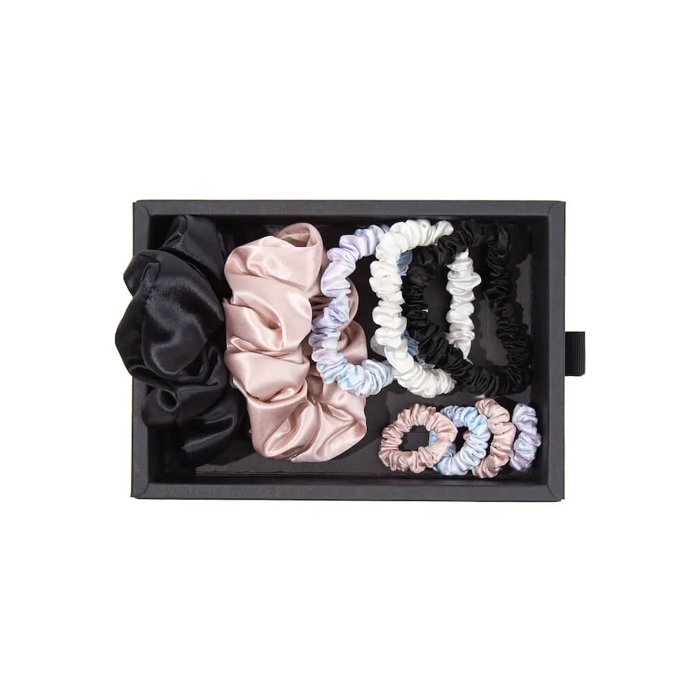Blissy Scrunchies 9-Piece Set in Black, White, Pink, and Tie-Dye