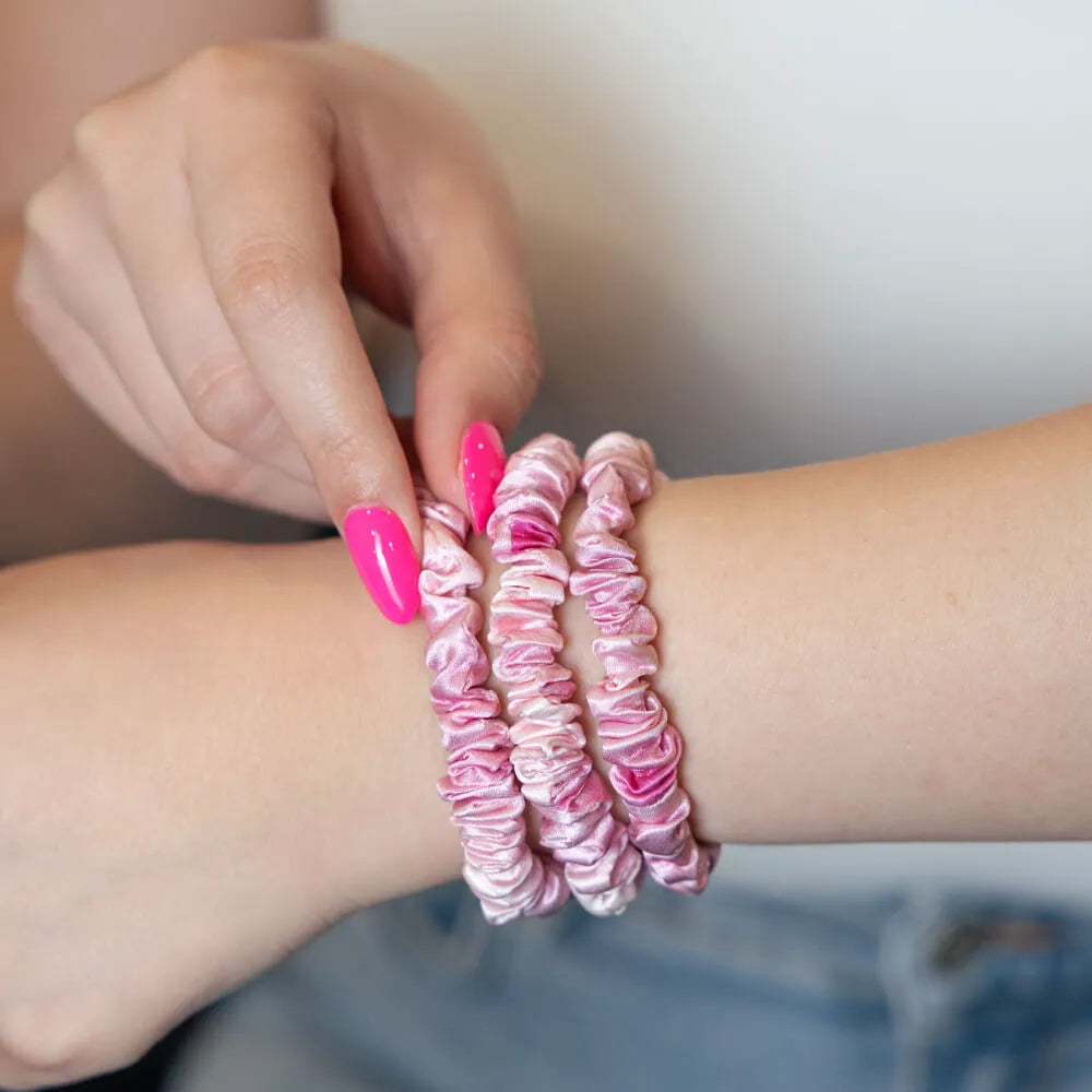 Blissy Skinny Scrunchies in Pink Tie-Dye