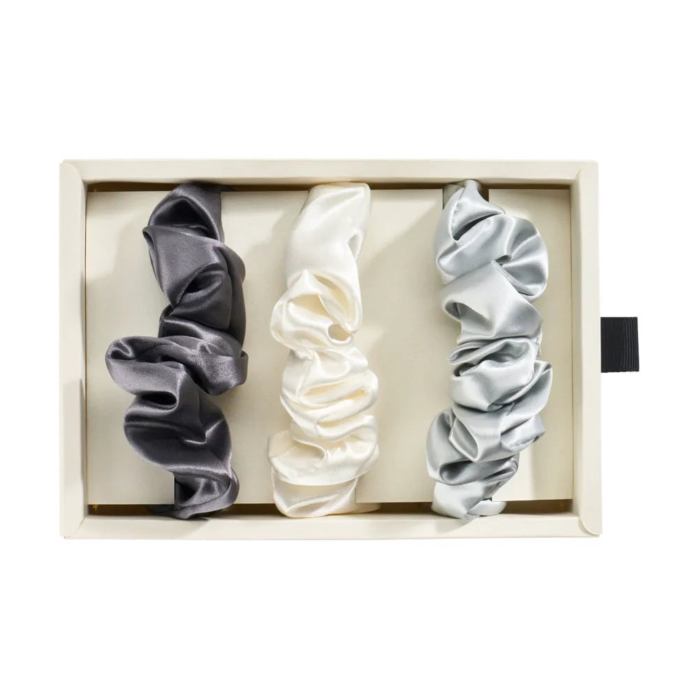 Blissy Scrunchies in White, Gray, and Silver