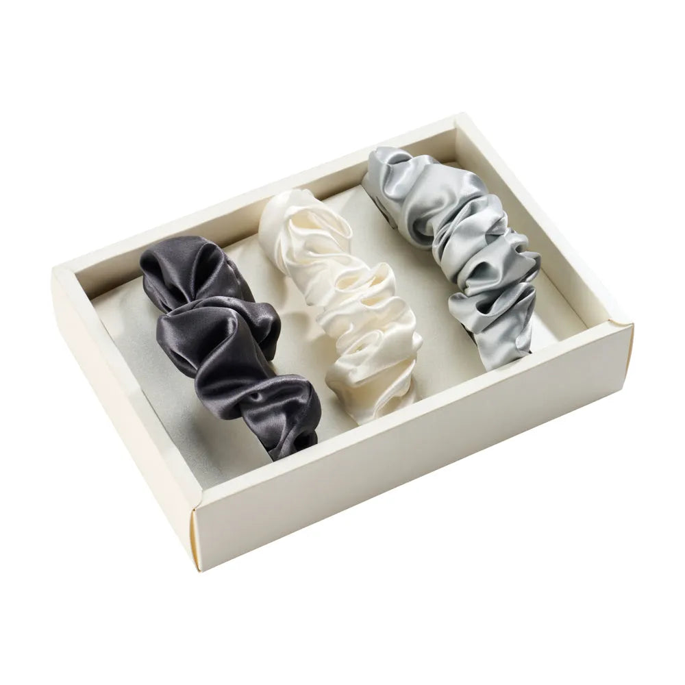 Blissy Scrunchies in White, Gray, and Silver