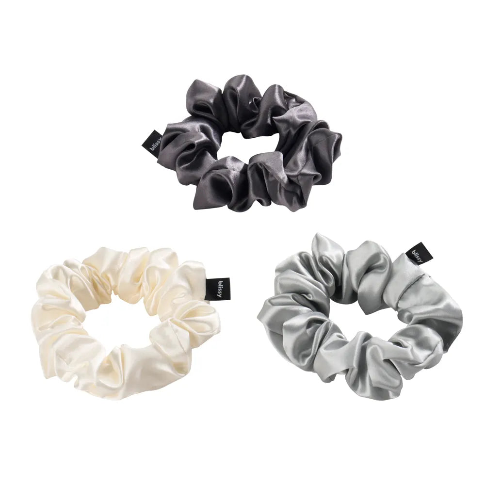 Blissy Scrunchies in White, Gray, and Silver