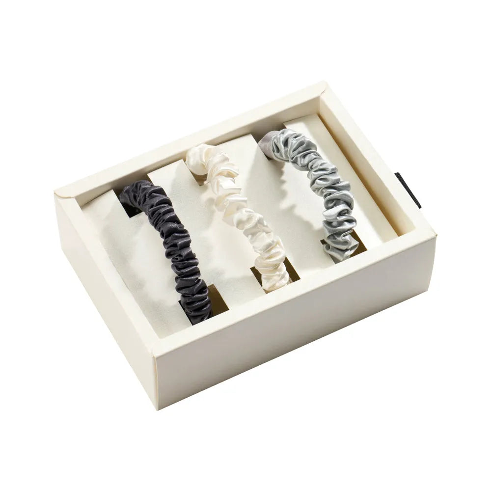 Blissy Skinny Scrunchies in White, Gray, and Silver