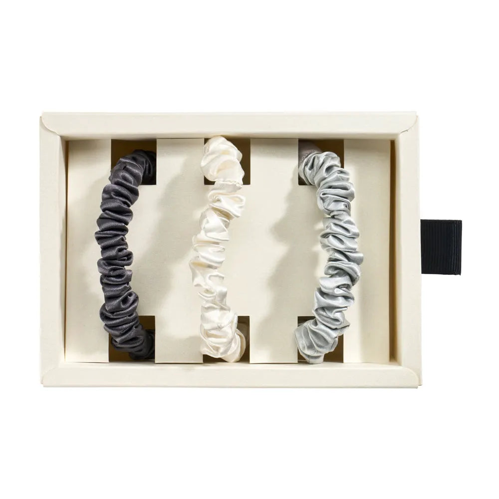 Blissy Skinny Scrunchies in White, Gray, and Silver