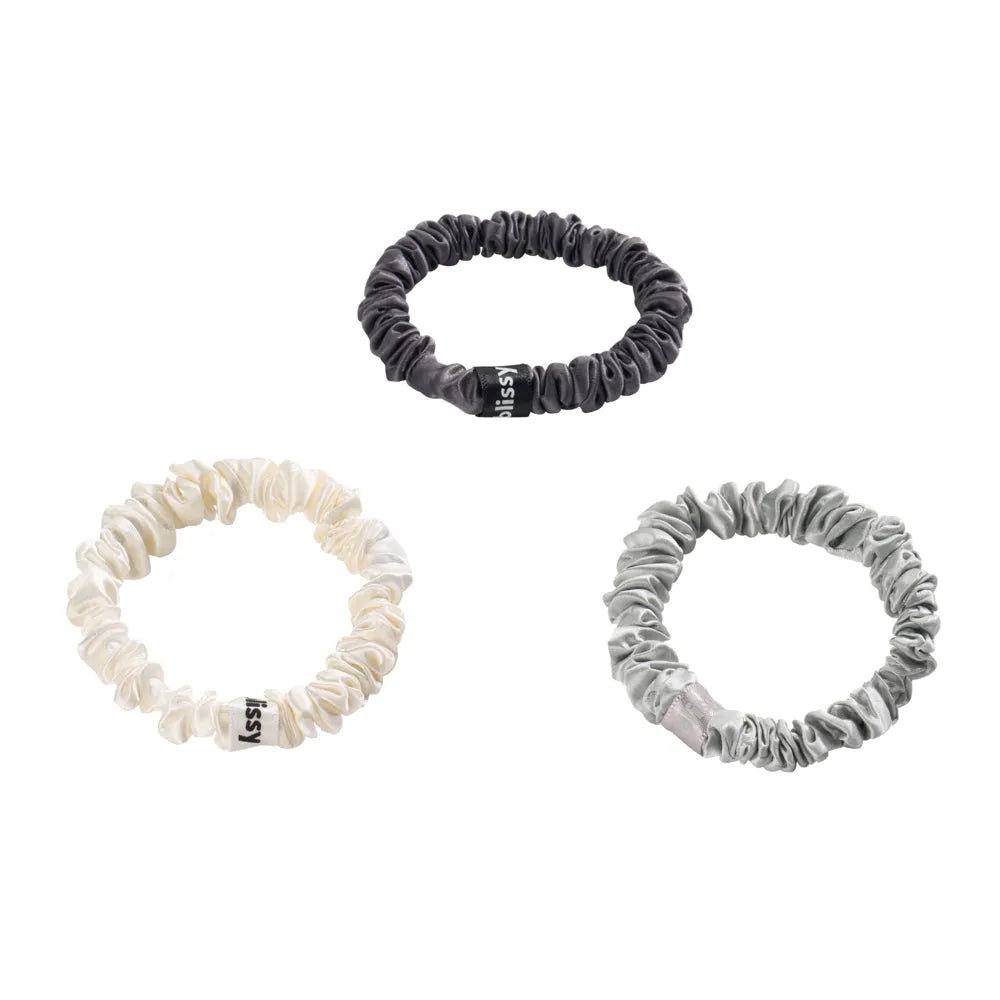Blissy Skinny Scrunchies in White, Gray, and Silver