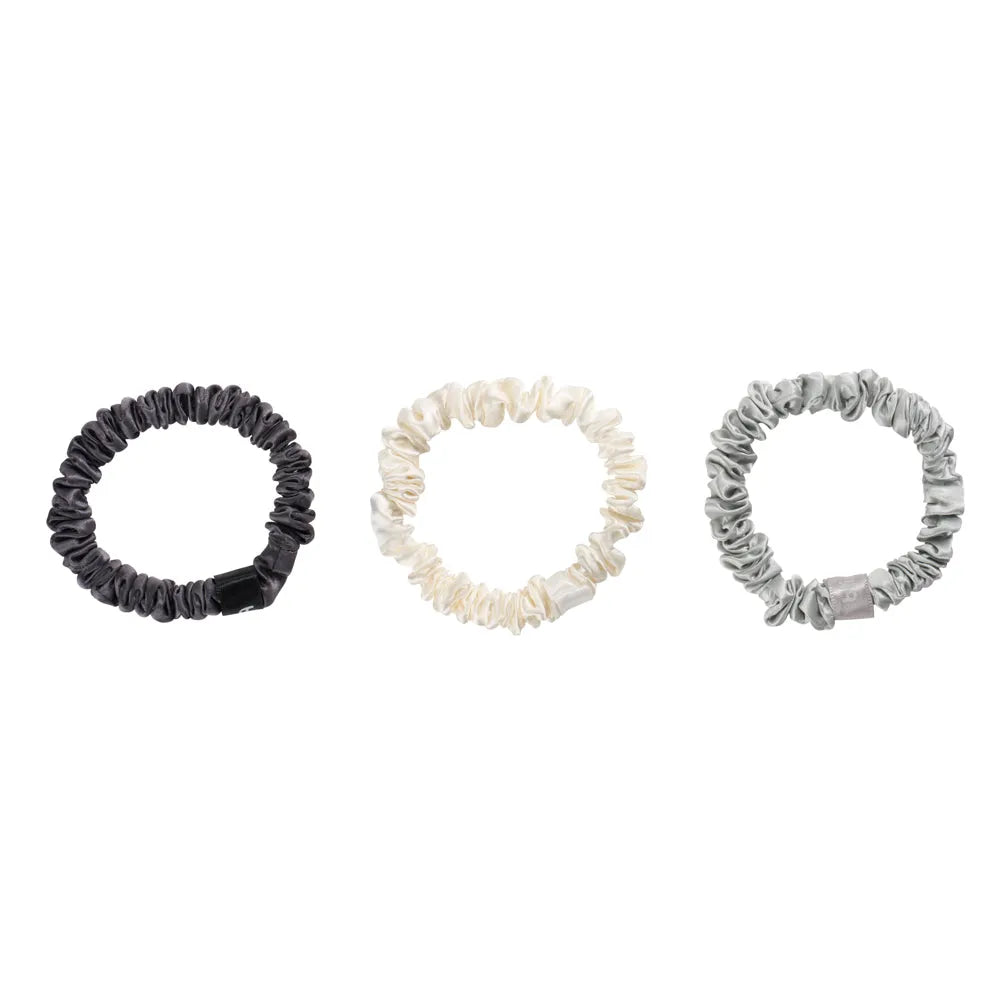 Blissy Skinny Scrunchies in White, Gray, and Silver