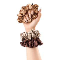 Blissy Scrunchies in Taupe, Cinnamon, and Brown