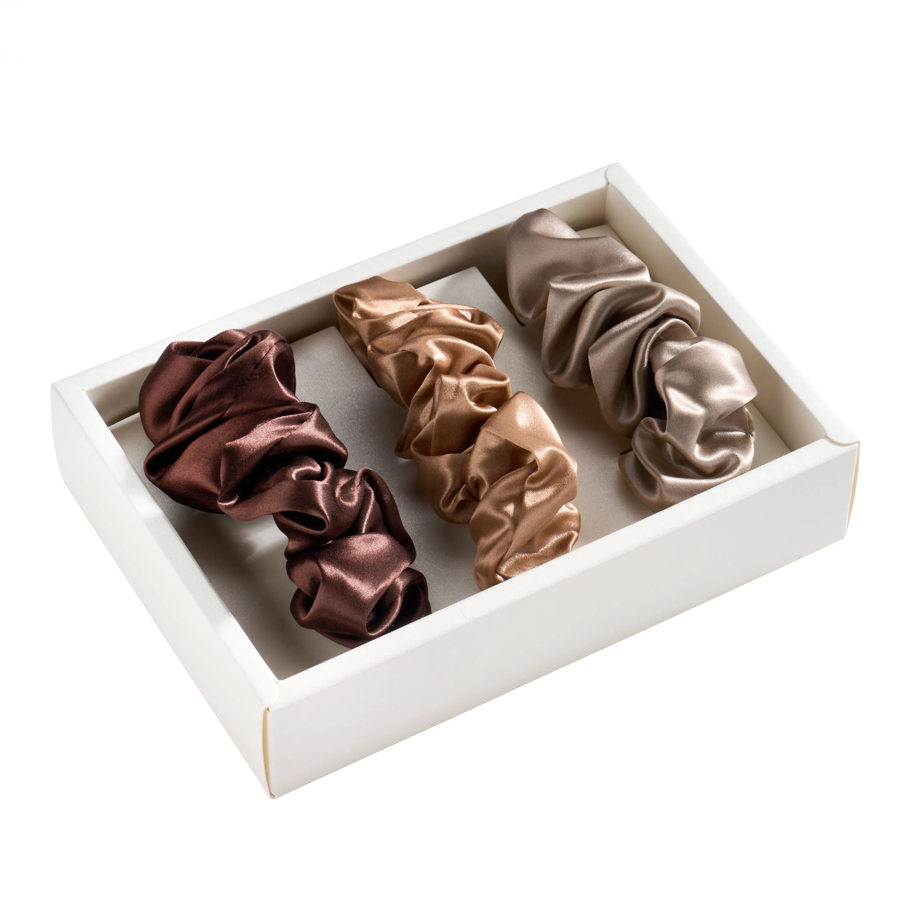 Blissy Scrunchies in Taupe, Cinnamon, and Brown