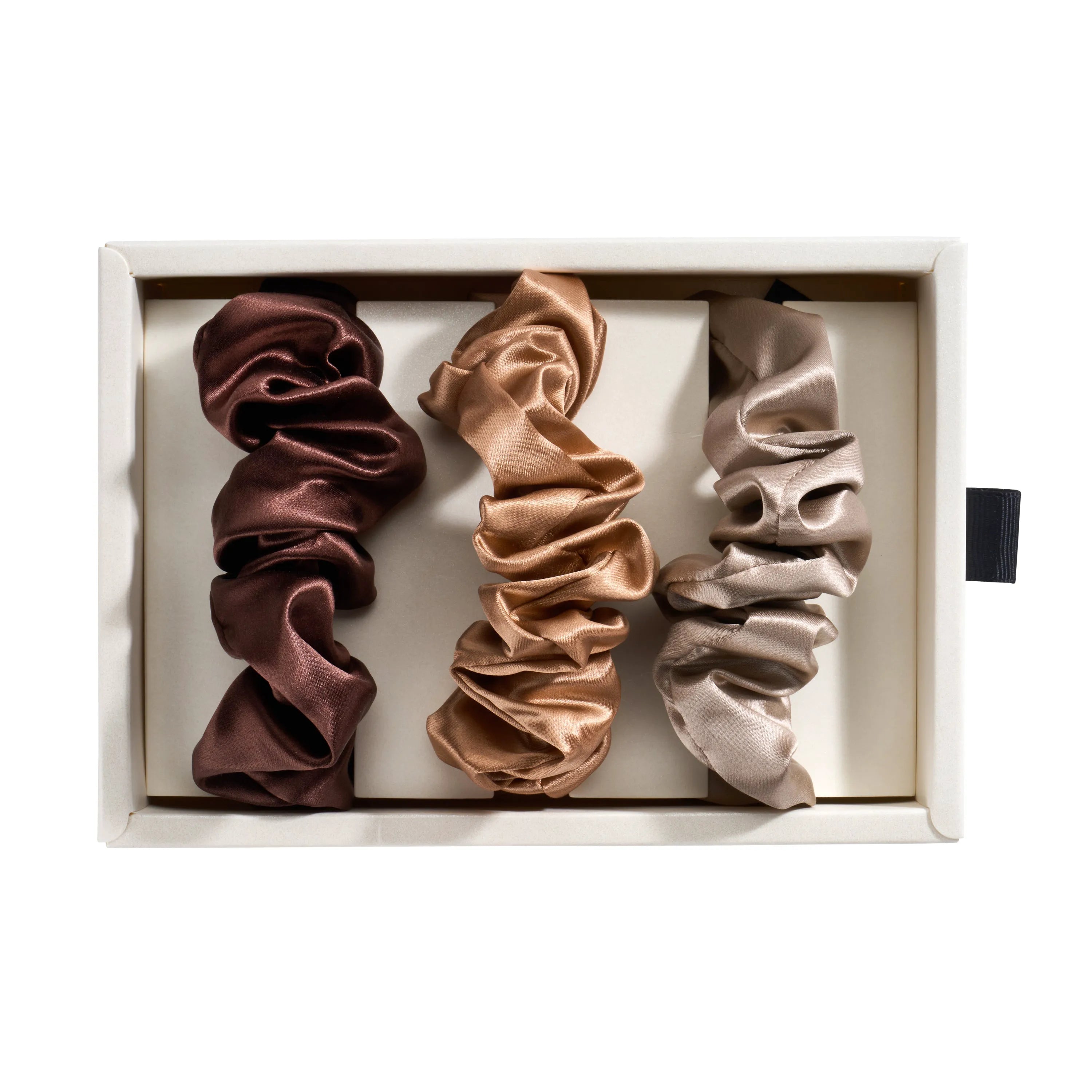 Blissy Scrunchies in Taupe, Cinnamon, and Brown