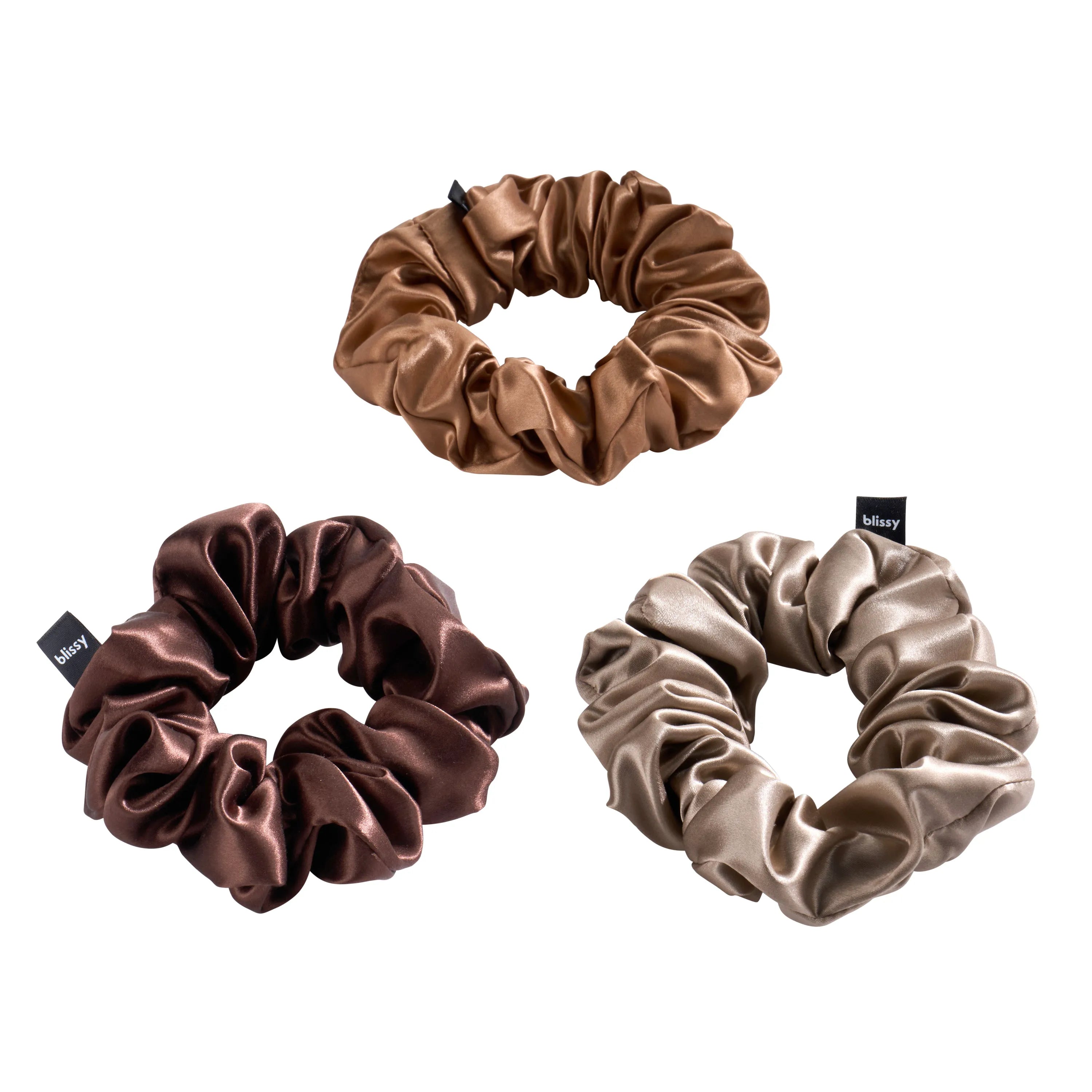 Blissy Scrunchies in Taupe, Cinnamon, and Brown