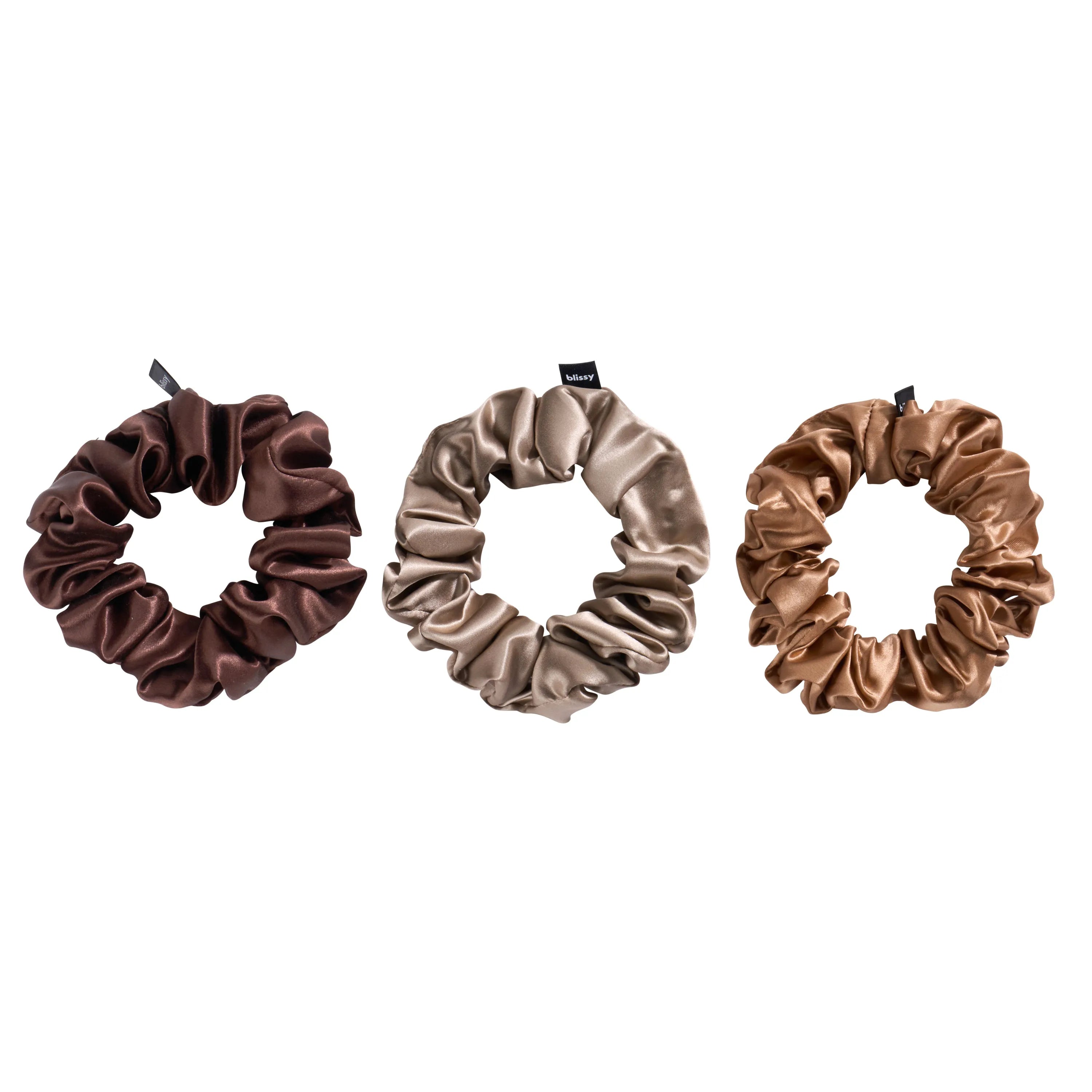 Blissy Scrunchies in Taupe, Cinnamon, and Brown