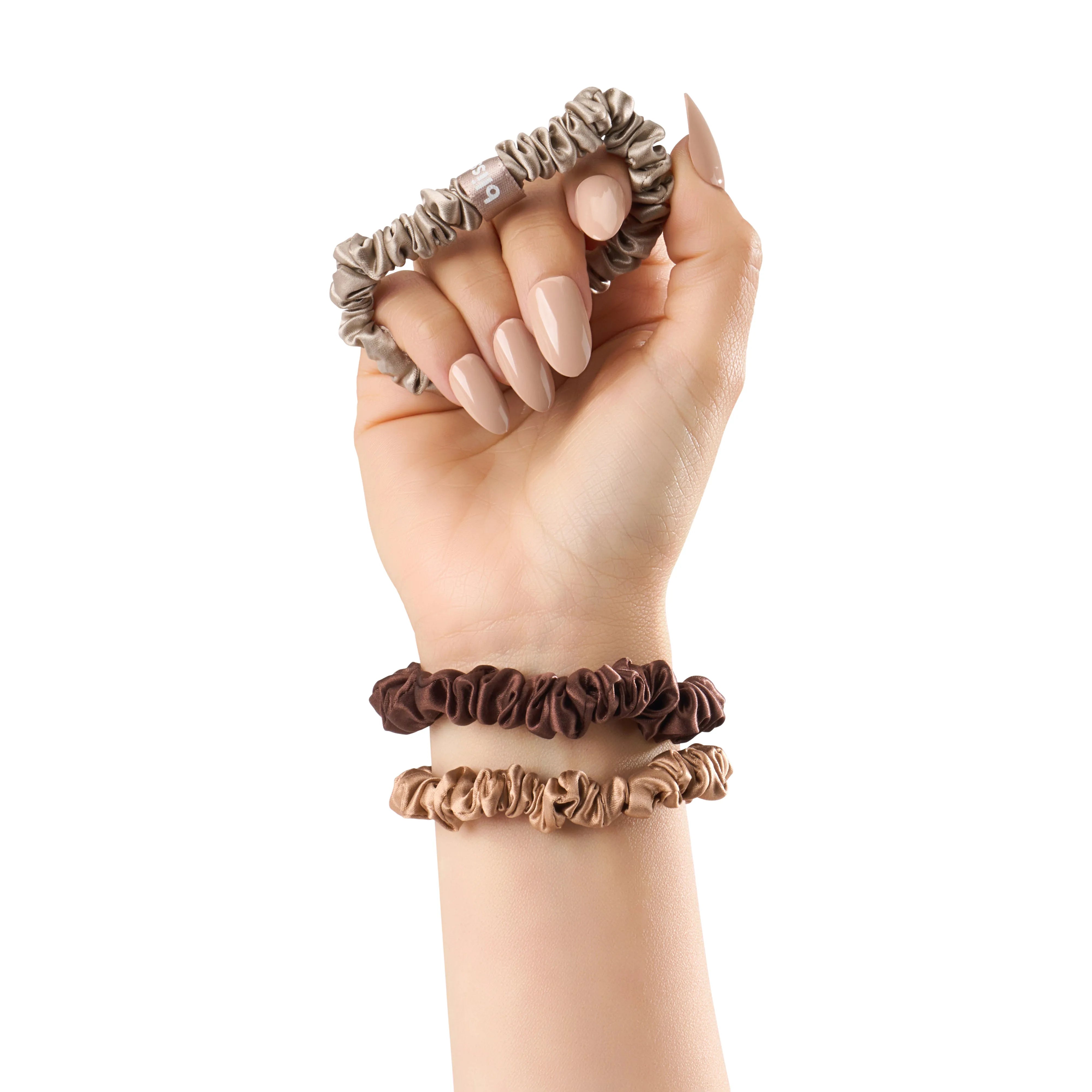 Blissy Skinny Scrunchies in Taupe, Cinnamon, and Brown