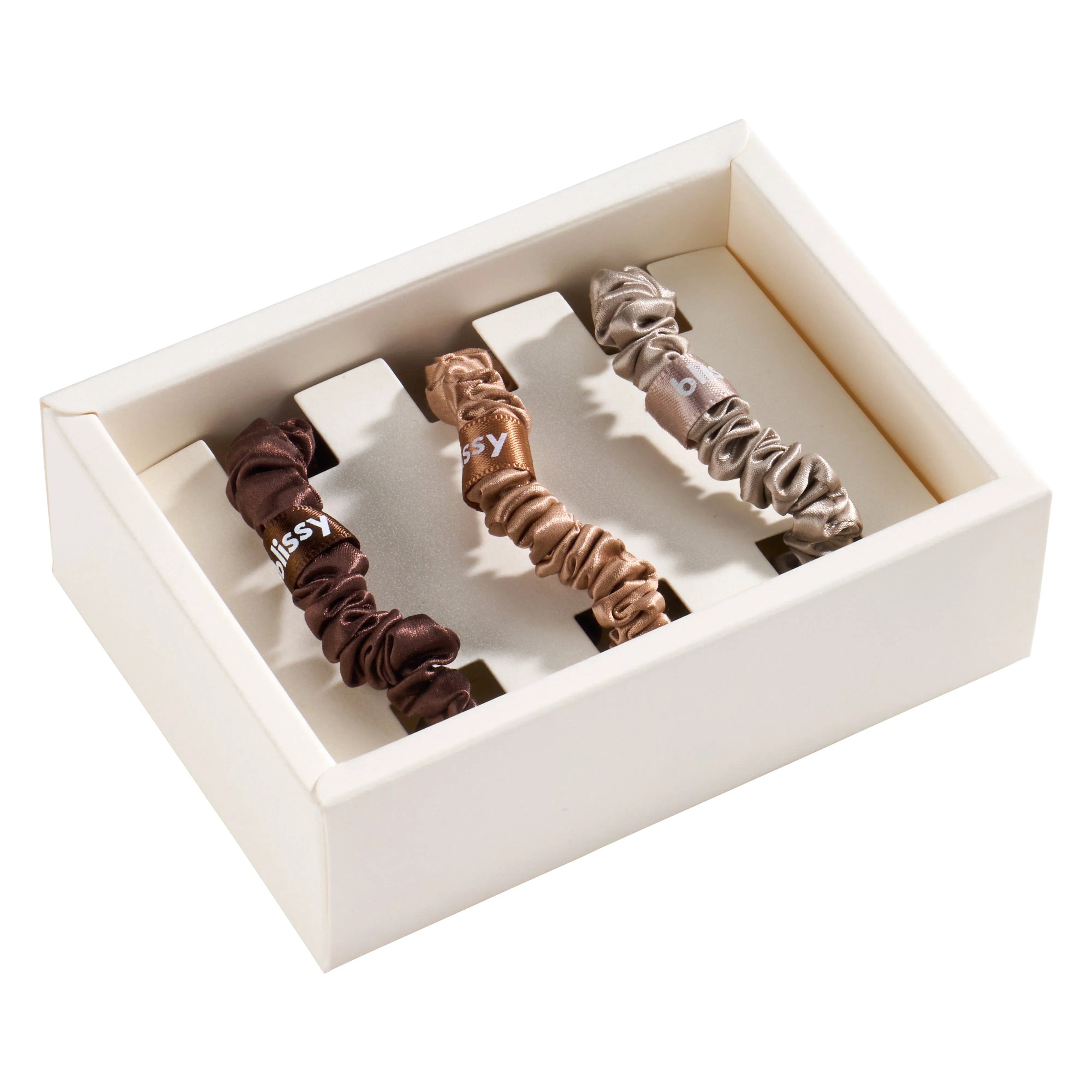 Blissy Skinny Scrunchies in Taupe, Cinnamon, and Brown