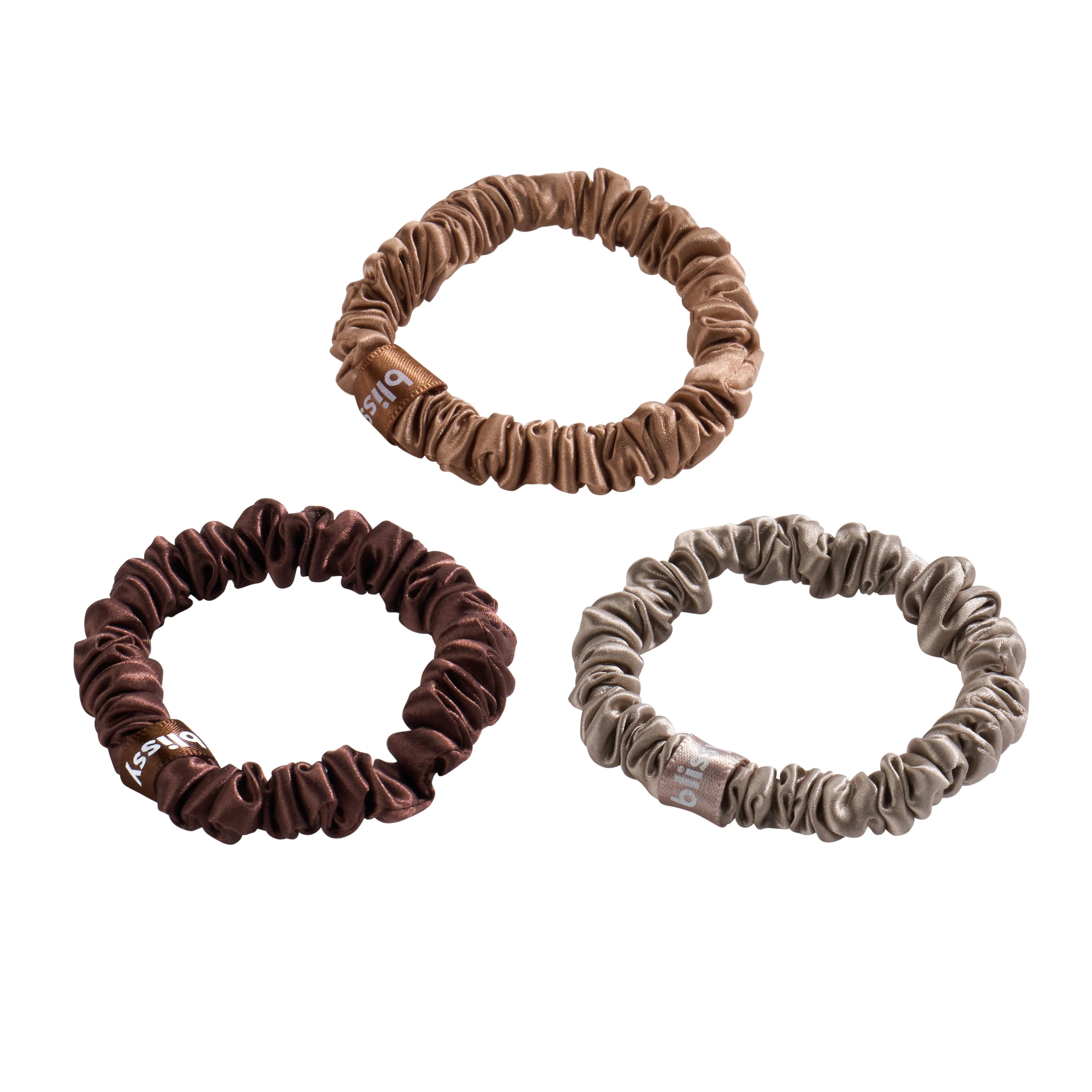 Blissy Skinny Scrunchies in Taupe, Cinnamon, and Brown